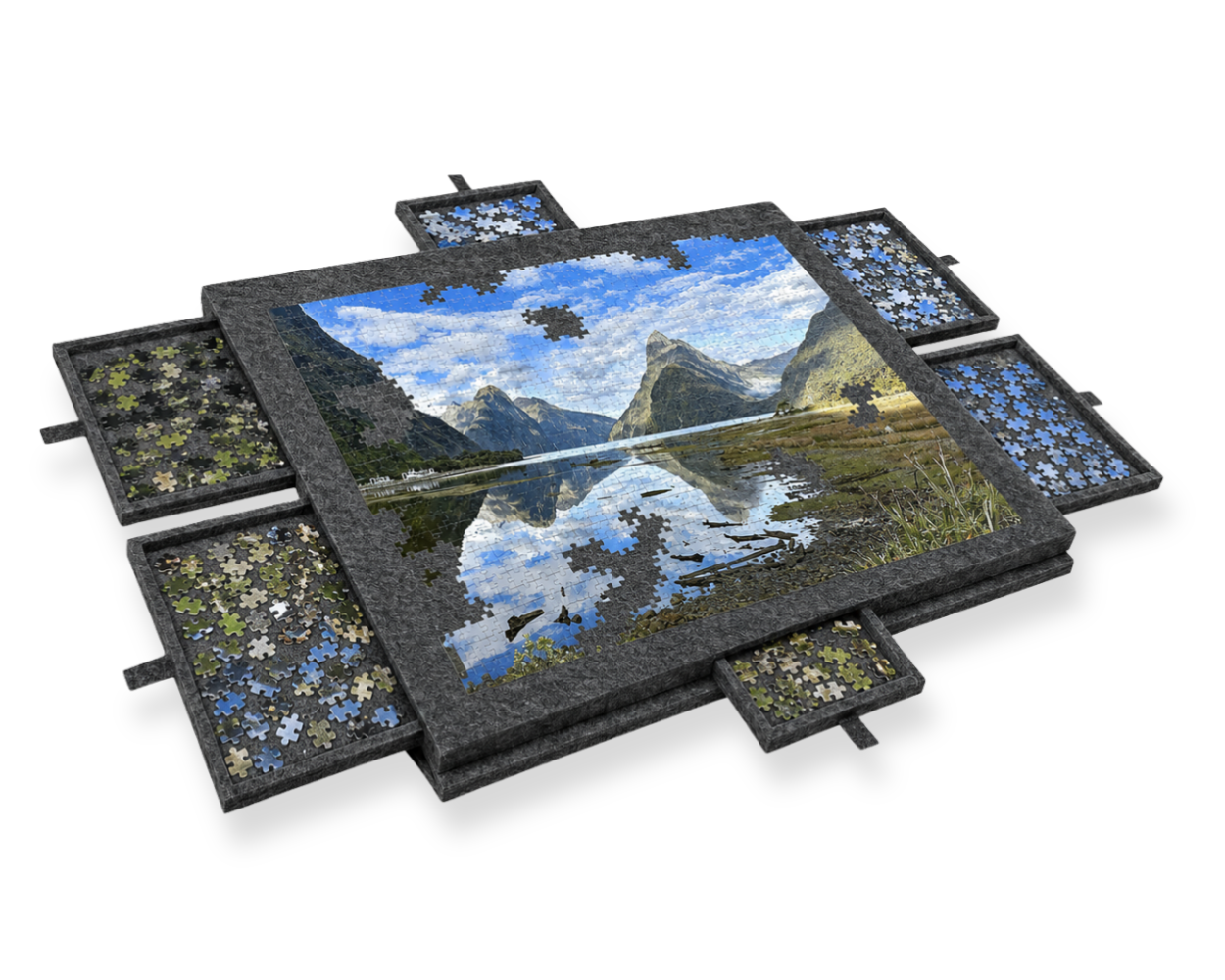 Jigsaw puzzle with a mountain landscape design on a white background