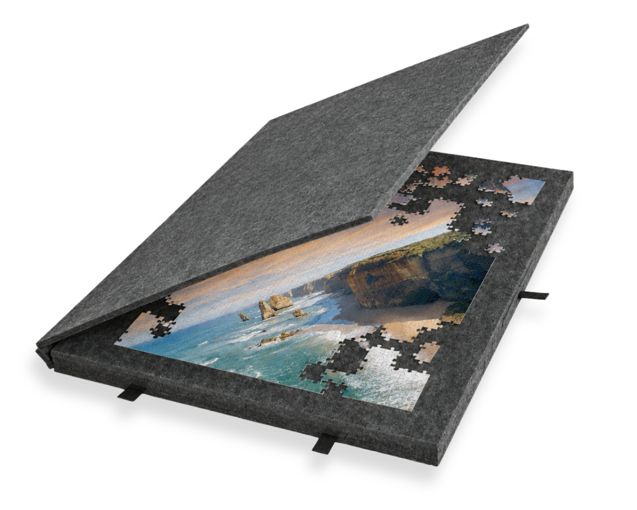 Jigsaw puzzle with a scenic design partially completed, housed in a gray fabric cover.